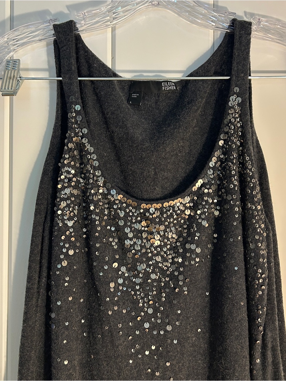 Eileen Fisher L large Sequin tank top Organic Cotton cashmere mix gray sweater - Picture 5 of 16